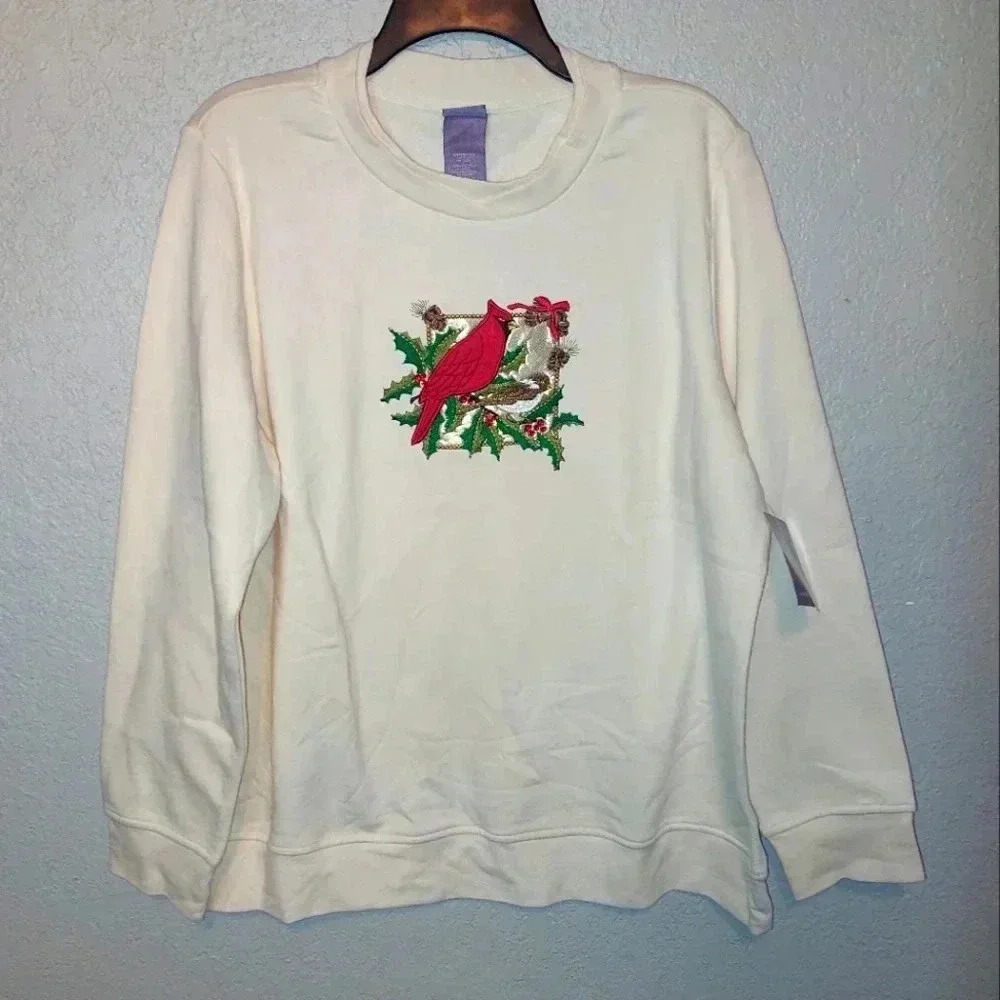 Laura Scott Christmas Off White Sweater Red Cardinal Bling Size XL - Picture 1 of 6